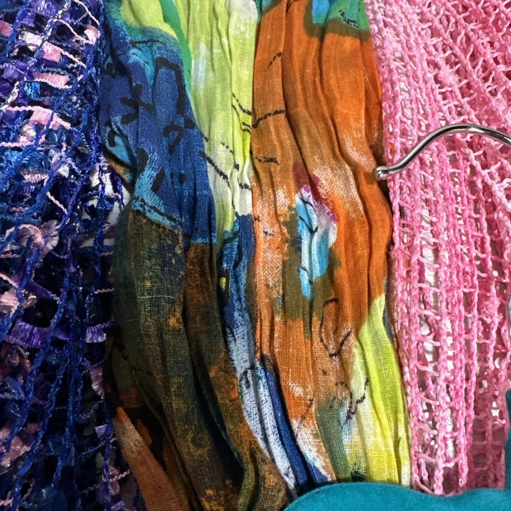 Lot of 7 Assorted Scarves w/ Tree Scarf Hanger Variety of Styles‎ & Fabrics